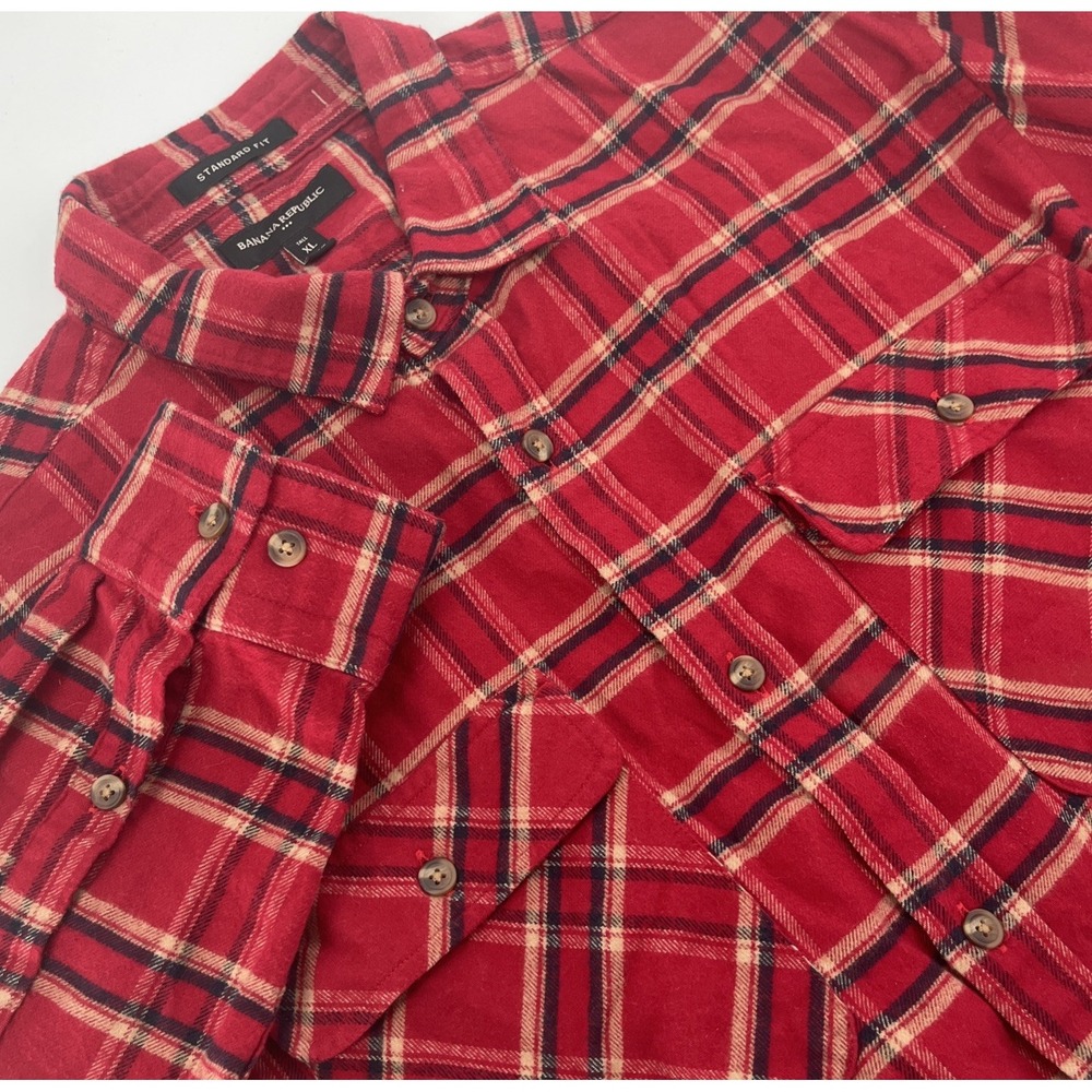 Banana‎ Republic Mens Flannel Chore Shirt Red Plaid Cotton Work Shacket XL  Tall